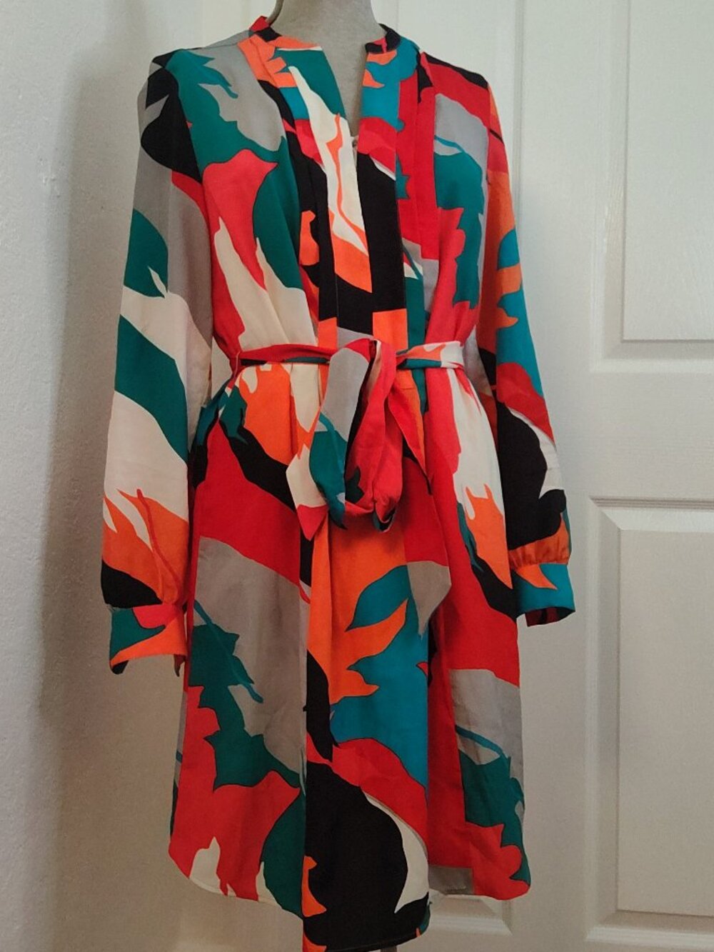 Banana Republic 10 Orange Teal White Black Pattern Silky Shirt Dress